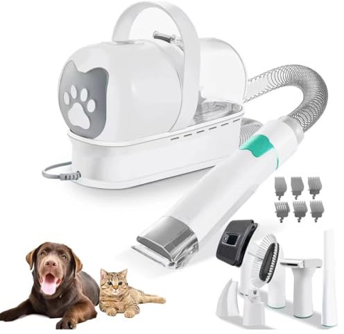 Kit de Aseo para Mascotas 7 en 1 con aspiradora, cortapelos para Perros Ultra silencioso 13000PA con contenedor de Polvo de 1 litro y 13 peines Profesional, removedor de Pelo para Mascotas para Mudar