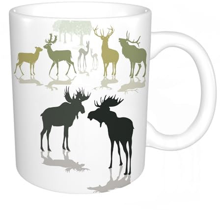 KDWJS Tasse Keramik Kaffeetassen Große 11oz Tassen 330ml Trinkgläser Mit Griff Personalisierte Geschenk Weiß,Elch, Hirsch und Reh Silhouette Wald im Hintergrund Welterbe Deco