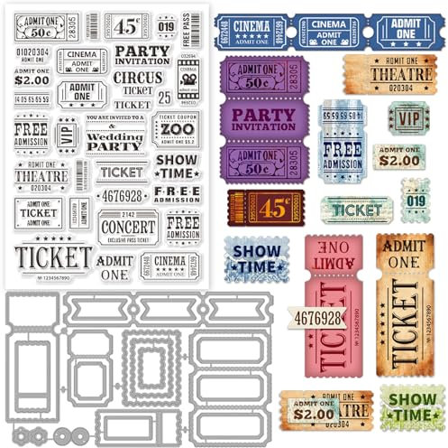 GLOBLELAND Set Mit Vintage Ticket Text Klarsichtstempeln Und Etikettenrahmen Schneidformen Für DIY Scrapbooking Kartenherstellung Dekoratives Fotoalbum Und Notizbuch