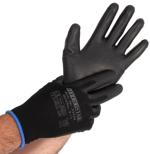 FRANZ MENSCH 24 Stück Hygostar Feinstrickhandschuhe Black Ace Touch | PU-Beschichtung, Packung, schwarz, 9/L, L: 25cm, Feinstrickhandschuhe,Montagehandschuhe, Schutzhandschuhe