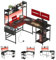 SANODESK Mesa Gaming con LED, Escritorio Gaming Reversible con 2 Enchufes y 2 Puertos USB, Escritorio Esquinero Grande con Estante,Luces Multicolores 140×120cm Negra