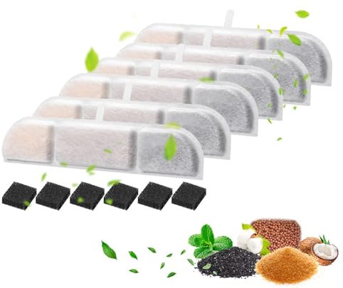 DASNTERED 6 filtri per fontana d'acqua per gatti e 6 spugne filtranti nere, filtro per fontana per animali domestici, animali domestici sani, cani, carbone attivo, adatto per DPWFP6 (bianco)