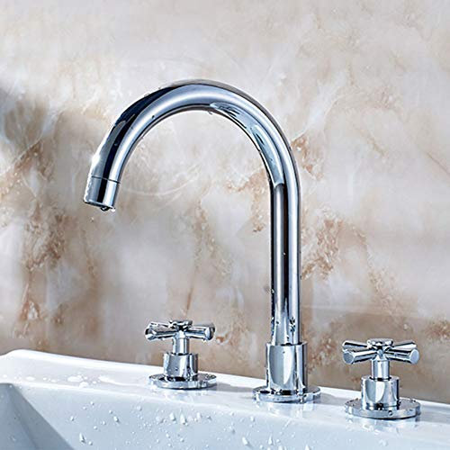 Robinet D'Évier Robinet de Lavabo de Salle Den 3 Trous Deux Poignées Montage Sur Le Pont Mélangeur Froid Et Chaud Cuve Robinet D'Évier Chrome Poli