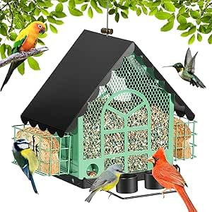 Vogelhäuschen für Draußen, Großes Fassungsvermögen, mit Doppeltem Talgkäfigkuchen, Hängende Vogelhäuschen aus Metall mit Wasserbecher für Hof, Garten, Vogelliebhaber, Grün
