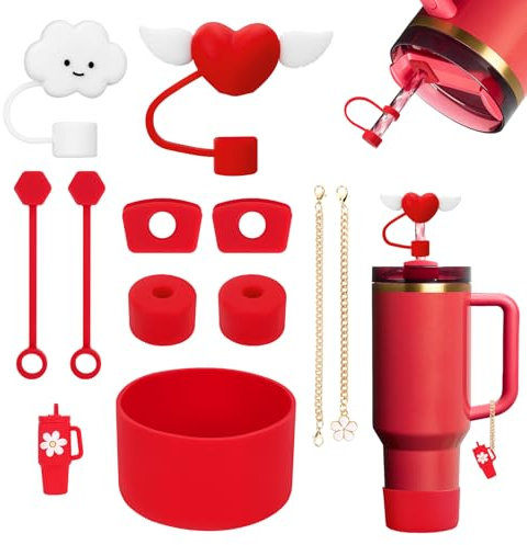 11Stück Stanley Cup Zubehör, inklusive 6 Stanley Cup Auslaufschutz, 2 Strohhalm Abdeckung, 2 Anhänger Zubehör, 1 Silikonhülle für 1,2l und 850 ml Stanley Cup Accessories (Rot)