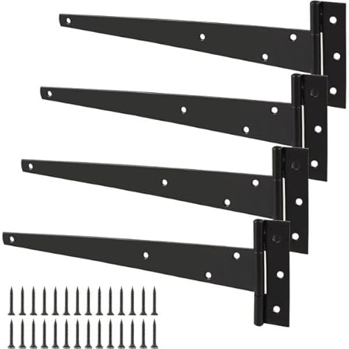 Garden Mile T Hinges 6”/150mm 4 Pack – Heavy Duty Black Gate Hinges with Screws, Powder Coated Rustproof Hinges for Wooden Gates, Shed, Garage & Barn Doors