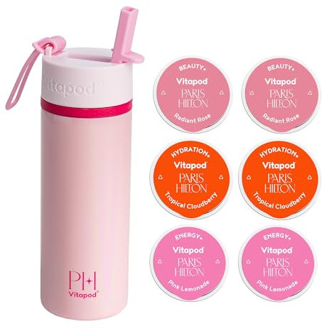 Vitapod Paris Hilton x Daily Wellness System - 22oz Pearlescent Water Bottle in That's Hot Pink & 6 Drink Mix Pod Sampler, Includes BEAUTY+, HYDRATION+, and ENERGY+ Functional Drink Mix Pods
