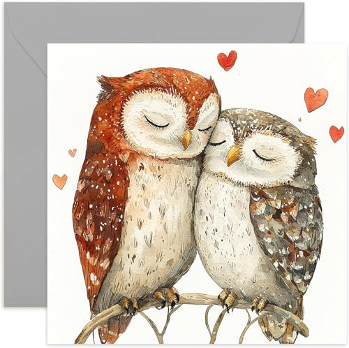Karte zum Hochzeitstag, Motiv: Eulen in Liebe, für Ehemann, Ehefrau, Freund, Freundin, innen unbeschriftet