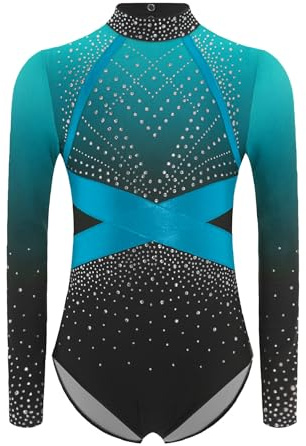 Alvivi Flicka Glitter Gymnastikdräkt Strass Gymnastik Leotard Långärmad Balettdräkt Gymnastiktrikå Tävling Danskostym, A himmelsblå, 146-152