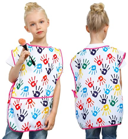 Godneei Delantal para Niños, Bata de Pintura Infantil Colorido con Bolsillo, Impermeable Bata Escolar para Niños de 2 a 7 Años, Ajustable para Manualidades, Cocinar y Hornear