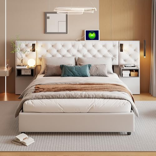 Polsterbett 160x200 cm, Chesterfield Steppung Doppelbett mit Stauraum, LED Beleuchtung, USB-A & USB-C, Bettgestell mit 2 Schubladen, Kopfteil & Lattenrost, Einzelbett, Samt, Beige, Ohne Matratze