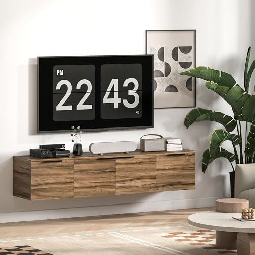 HOMCOM Floating TV Unit, 150 cm Wall Mounted TV Stand Cabinet with Shelves and Doors, Entertainment Media Console for Living Room, Bedroom, Rustic Brown