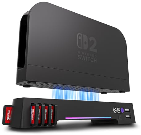 ECHZOVE Switch 2 Cooling Fan Dock with Dual Fans and USB Charging Ports – Quiet Overheat Protection for Nintendo Switch 2 Console with RGB Light