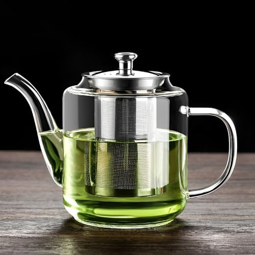 Cylora Teiera in Vetro da 650ml, Teiera Resistente al Calore in Vetro Borosilicato Trasparente con Filtro in Acciaio Inox, piccola teiera per foglie sfuse, erbe, frutta, bubble tea | Infusore Tè