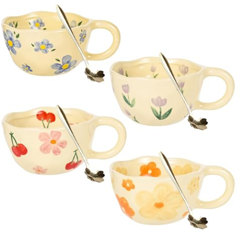 Kaffeetassen Set, 4 er Espressotassen mit Löffel, Cappuccino Tassen, Kreative Blume Keramik Tassen für Milch, Kakao, Tasse Weihnachten Geschenk, Geburtstagsgeschenk Frauen, 250ml