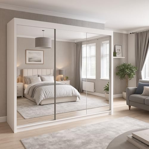 ALASKA Sliding Mirror Wardrobe, 2-3 Doors, Multiple Sizes & 6 Colours Available 120/150cm/180cm/203cm/250cm White-Black-Grey-Walnut-Wenge-Oak (White, 250cm)
