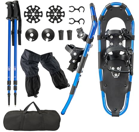 COSTWAY Juego de Raquetas de Nieve 4 en 1 Versátiles, Raquetas de Nieve Ajustables de Aluminio Ligero, Adultos y Niños, Bolsa Transporte, Bastones de Trekking, Sistema de Fijación (Azul Marino,63cm)
