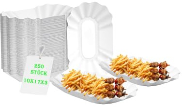Lauroo Pappschale - KU OB 10x17x3 cm – 250 Stück | Einweg Snackschale aus Papier für Pommes, Currywurst, Grill, Party & Catering | Umweltfreundlich, Fettabweisend, Recyclebar