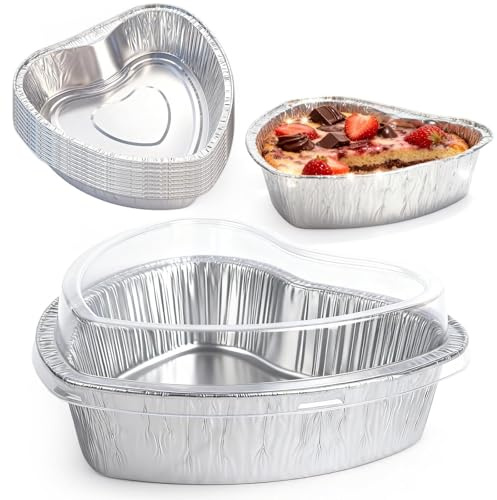 6/48 Pcs Heart Shaped Cake Pans with Lids,Mini Aluminum Foil Heart Cupcake Baking Tins Non-stick Cake Baking Pans for Kitchen Valentine's Day, Mother's Day, Wedding, Party (48PCS 35*20*18cm)