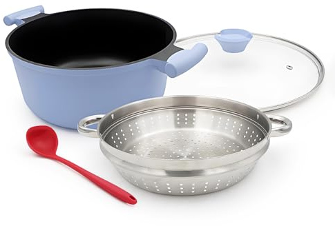 Bobikuke Kochtopf 28 cm mit Deckel, Großer 7L Stielkasserolle mit Dampfkorb Antihaftbeschichtung-Kasserolle mit Doppelgriff- Blau