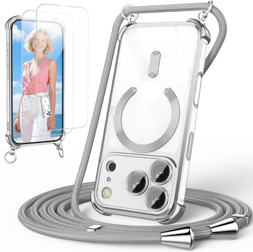 GOODVISH Handykette für iPhone 17 Pro Hülle mit Band Magnetisch, Silber | mit 2 Stück Schutzfolie, mit Kamera Schutz, Necklace Handyhülle mit kette für 17 Pro 6,3, Transparent 360° Schutz Case
