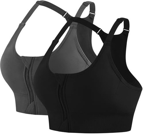 QXURkut 2 Pack Front Zip Sports Bras for Women, Racerback Adjustable Straps | Zipper Fastening Padded, Medium Impact for Exercise or Post surgery