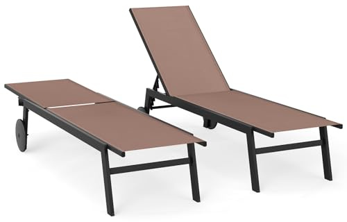COSTWAY Bain de Soleil avec 2 roulettes, Chaise Longue Jardin Exterieur Réglable en 6 Positions, Tissu Respirant, Structure en Métal, Transat pour Piscine Terrasse Jardin, Charge 150 kg (Brun,2)