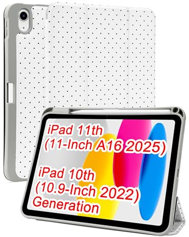 Jusy Cover compatibile con iPad 11a generazione (11 A16 2025) e iPad 10e (10,9 2022) - Custodia con portamatite design estetico a pois - Supporto Trifold in TPU morbido, protezione antiurto - bianco