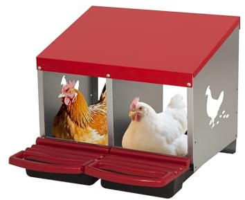 Legenester für Hühner, 2 Abteile, Abrollnest aus Robustem Metall mit Fangschale & Lüftungsschlitzen, Geflügelnest für Hennen, Enten, zur Wandmontage, 47,5x53x53,4 cm