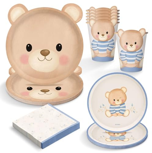 OH YEAH - Kit Vajilla Desechable Baby Osito Azul Fiesta Cumpleaños 6 Personas - 38 Piezas - Platos, Vasos, y Servilletas Desechables - Decoración Baby Shower - Bautizo - Mi primer Cumpleaños