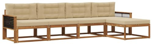 vidaXL Outdoor-Sofagarnitur mit Kissen 5 pcs Natur und Beige, Gartenmöbel Set, modern, wetterfest, Sitzgruppe, Ecksofa, Akazienholz, braun, modulare Lounge