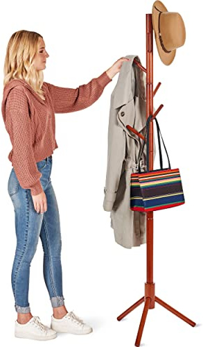 High-Grade Wooden Tree Coat Rack Stand, 6 Hooks - Super Easy Assembly NO Tools Required - 3 Adjustable Sizes Free Standing Coat Stand, Hallway Coat Hanger Hat Stand, for Handbag, Clothes & Accessories