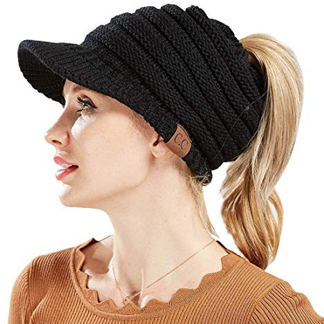 Yixda Winter Strickmütze Messy High Bun Pferdeschwanz Visor Beanie Cap (Schwarz)