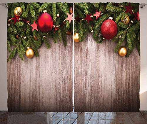 ABAKUHAUS Weihnachten Rustikaler Gardine, Holz rustikales Weihnachten, Schlafzimmer Kräuselband Vorhang mit Schlaufen und Haken, 280 x 245 cm, Kakao Grün Rot