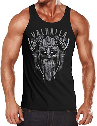 Neverless® Herren Tank-Top Aufdruck Valhalla Wikinger Helm Viking Odin Krieger Muskelshirt Muscle Shirt schwarz S