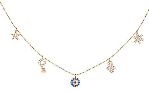 Nazar kette Damen 925 Sterling Silber 14K Gold beschichtet mit 5 Anhänger Fatimas Hand, Schlüssel, Sternchen, Schneeflocke, Auge Nazar Boncuk Kette (Evil Eye necklace)
