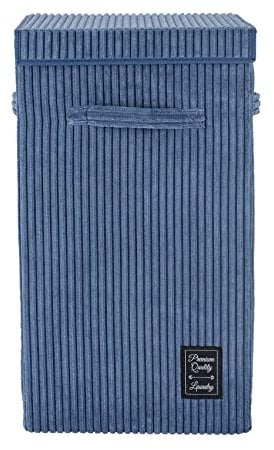 WENKO Wäschesammler Cora Blau, moderner Wäschekorb aus flauschigen Cord, mit Klettverschluss-Deckel und 3 Tragegriffen, 63 Liter Fassungsvermögen, 33 x 58 x 33 cm, 100% Polyester