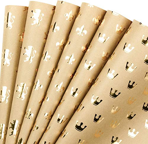 RUSPEPA Einwickeln Von Papierblättern Kraftpapier - Krone, Royal Lion Design Goldfolie - 44,5 X 76 cm Jedes Blatt, Insgesamt 6 Blätter, Verpackt In 1 Rolle