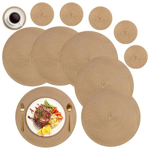 MI CASA Runde Tischsets Abwaschbar 6er Set Platzsets mit Untersetzer, 34cm Gewebte Hitzebeständige Platzdeckchen, Platzteller rutschfest für Küche Geburtstags Party Hochzeit Weihnachten - Braun
