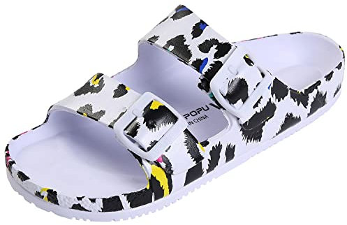 VICT POPU Pantoletten Damen mit Fussbett Sandalen Flach rutschfest Sommer Badelatschen Lässig Eva Slides Erwachsene Schlappen Leopard Weiß 39