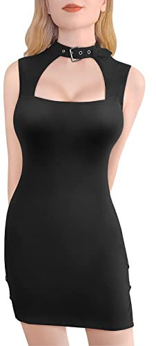 LittleForBig Damen Baumwoll Ärmellos Cyber Goth Kragen Mini Kleid Rock Schwarz XXXXL