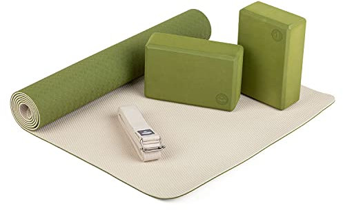 Bodhi Yoga Starter-Set Komplett | Rutschfeste Yogamatte aus TPE inkl. 2 Yogablöcken aus Eva (Moosgummi) und 1 Yogagurt aus Baumwolle | Einsteiger-Set für Yoga-Anfänger | olivgrün/Sand