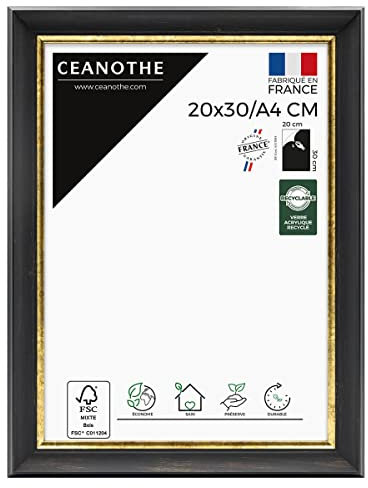 Ceanothe Cadre Photo 20x30 cm/A4 Noir Finition Doré Convient au A4 Style Baroque Elegant Noble Collection Pandore en Bois FSC Verre acrylique Incassable Fabriqué en France