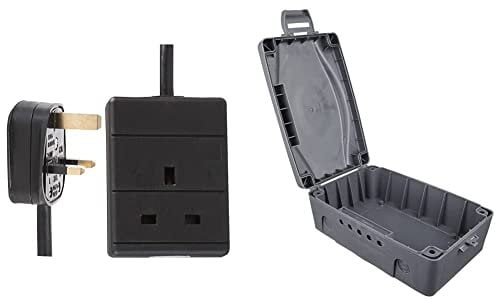 PRO ELEC - Extension Lead, 1 Socket, 20 Metres (Black) & Masterplug WBX-MS Weatherproof Electric Box for Outdoors, 345 x 220 x 126.5 mm, Grey