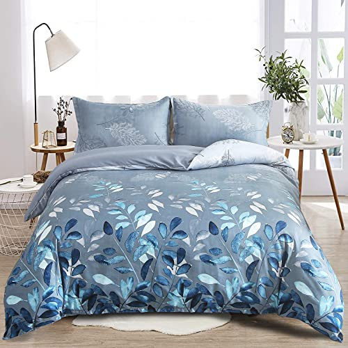 Floral Duvet Cover Double Blue Leaves Bedding Set, Reversible Lightweight Bedding Sets 3pcs with Zipper Closure (Double, 200x200cm)