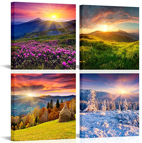 OuElegent 4-Jahreszeiten-Wanddekoration, 4-Jahreszeiten-Berg-Leinwand, Wandkunst, Frühling, Sommer, Herbst, Winter, Landschaft, Kunstdruck, gerahmt, modernes Kunstwerk für Schlafzimmer, Küche,
