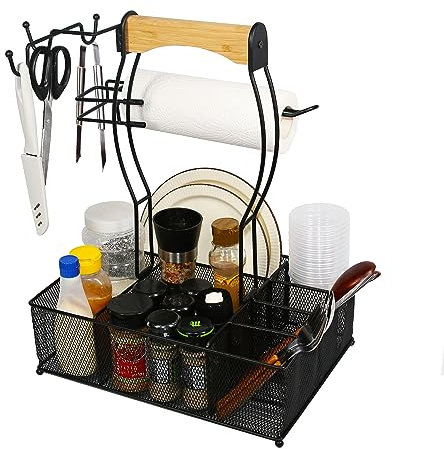 Goldshire Grill-Caddy, Grill-Caddy, Netzkorb mit Papierhandtuchhalter, Utensilien, Gewürze, Picknick-Caddy, Grillkörbe für Outdoor-Grill und Camping, Grill-Camping-Zubehör, Aufbewahrungs-Organizer