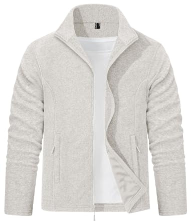 EKLENTSON Winter Fleece Jacket Men Full Zip Lightweight Thermal Polar Fleece Jacket Casual Work Outdoor Mid Layer Fleece Tops Zipper Pocket Beige,L