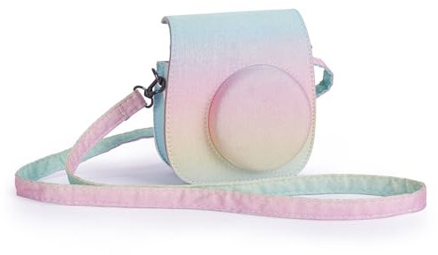 Riosin Instant Mini 12 Kameratasche für Fujifilm Instax Mini 12/11, Hochwertige PU Leder Kameratasche mit Tasche und Abnehmbarem und Verstellbarem Schultergurt (Leuchtender Regenbogen)