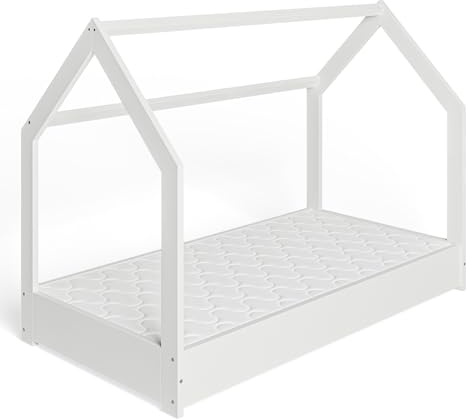 ms factory Hausbett Kinderbett 80x160 cm mit Lattenrost - Einzelbett aus Kiefernholz für Mädchen und Junge - Kinderbett mit Matratze - Weiß